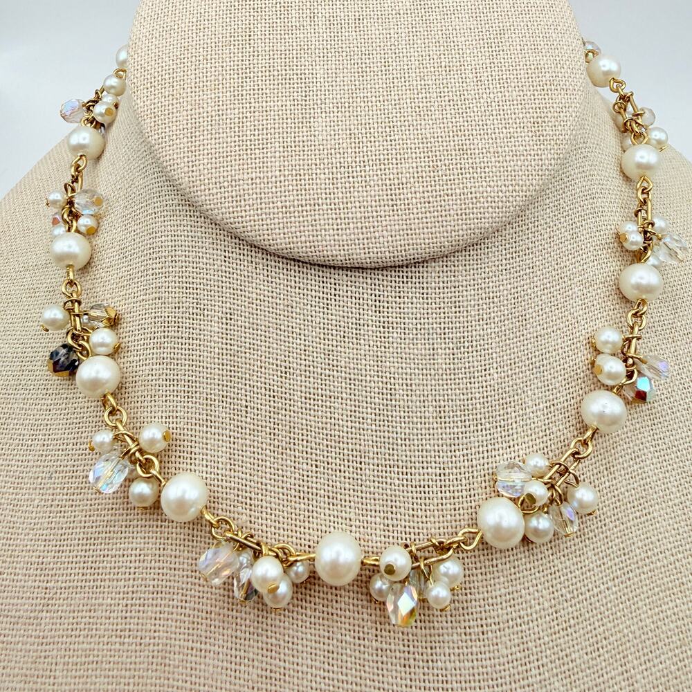 Carolee Vintage Signed Cluster Faux Pearl AB Crystal Choker Necklace Gold 14"